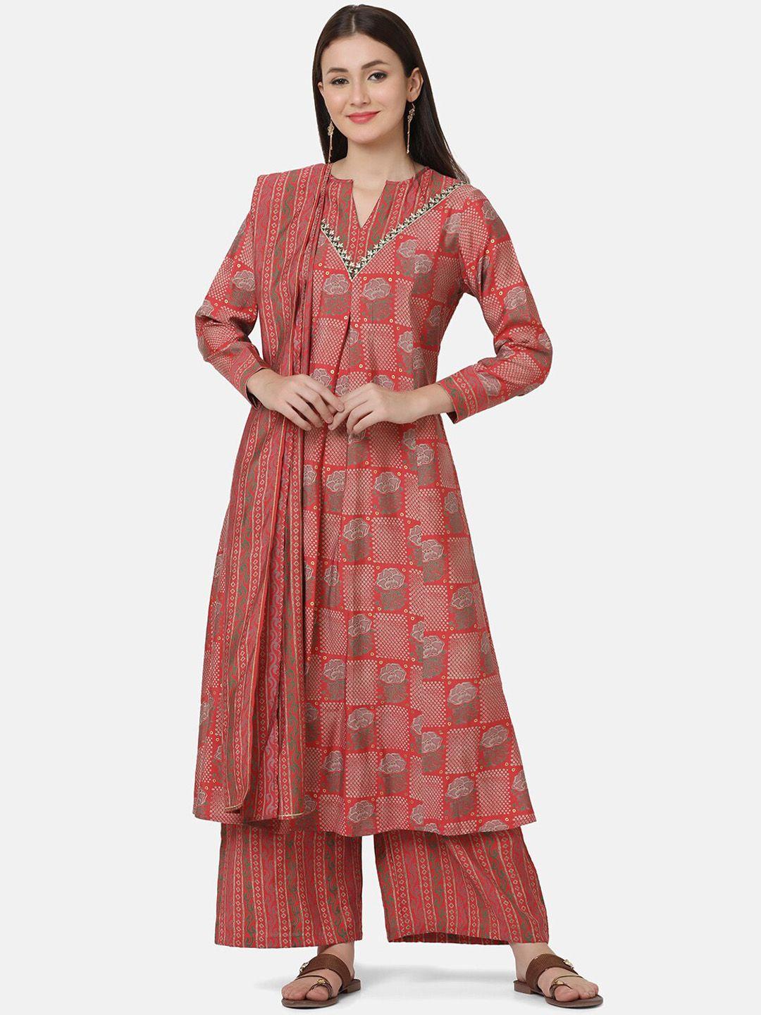 ffu ethnic motifs printed gotta patti chanderi cotton kurta with palazzos & dupatta