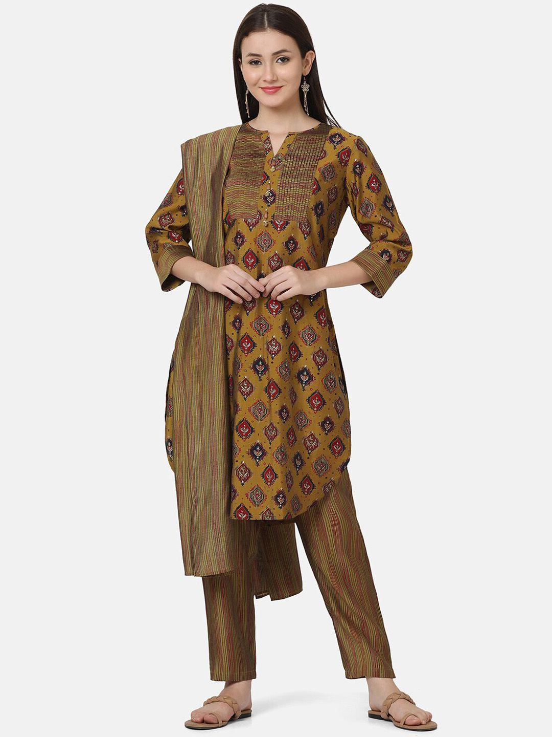 ffu ethnic motifs printed straight chanderi cotton kurta with trousers & with dupatta