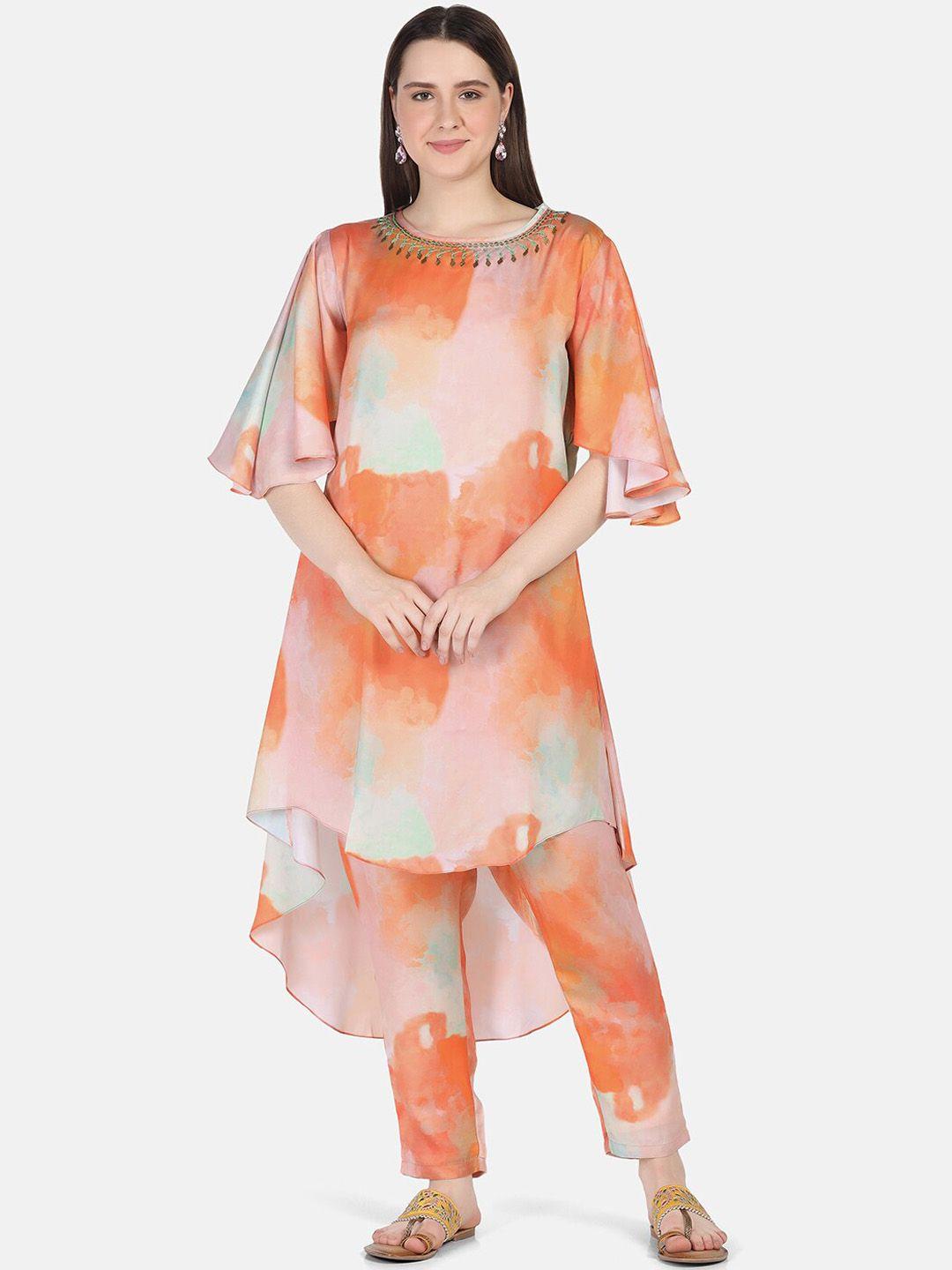 ffu abstract printed high low hem a-line satin kurta with trousers