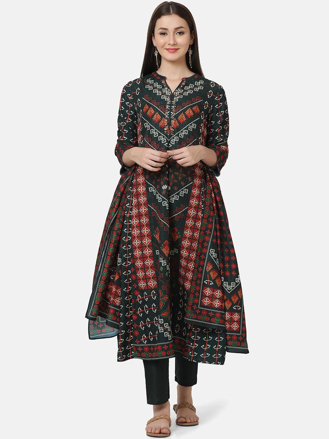 ffu geometric printed mandarin collar beads and stones kurta with trousers & dupatta