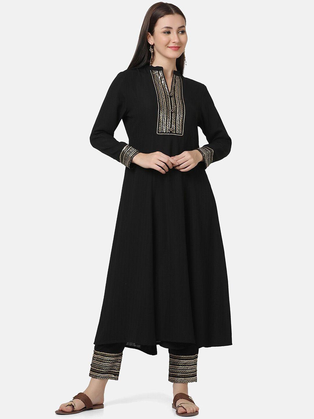 ffu striped yoke design mandarin collar sequinned kurta with trousers