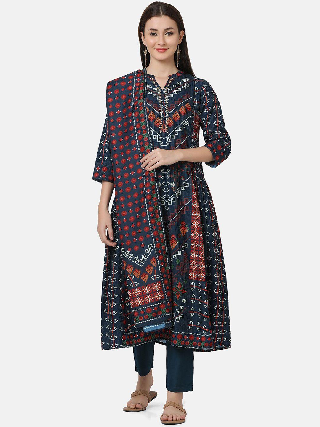 ffu geometric printed embroiedered detail kurta with trousers & dupatta