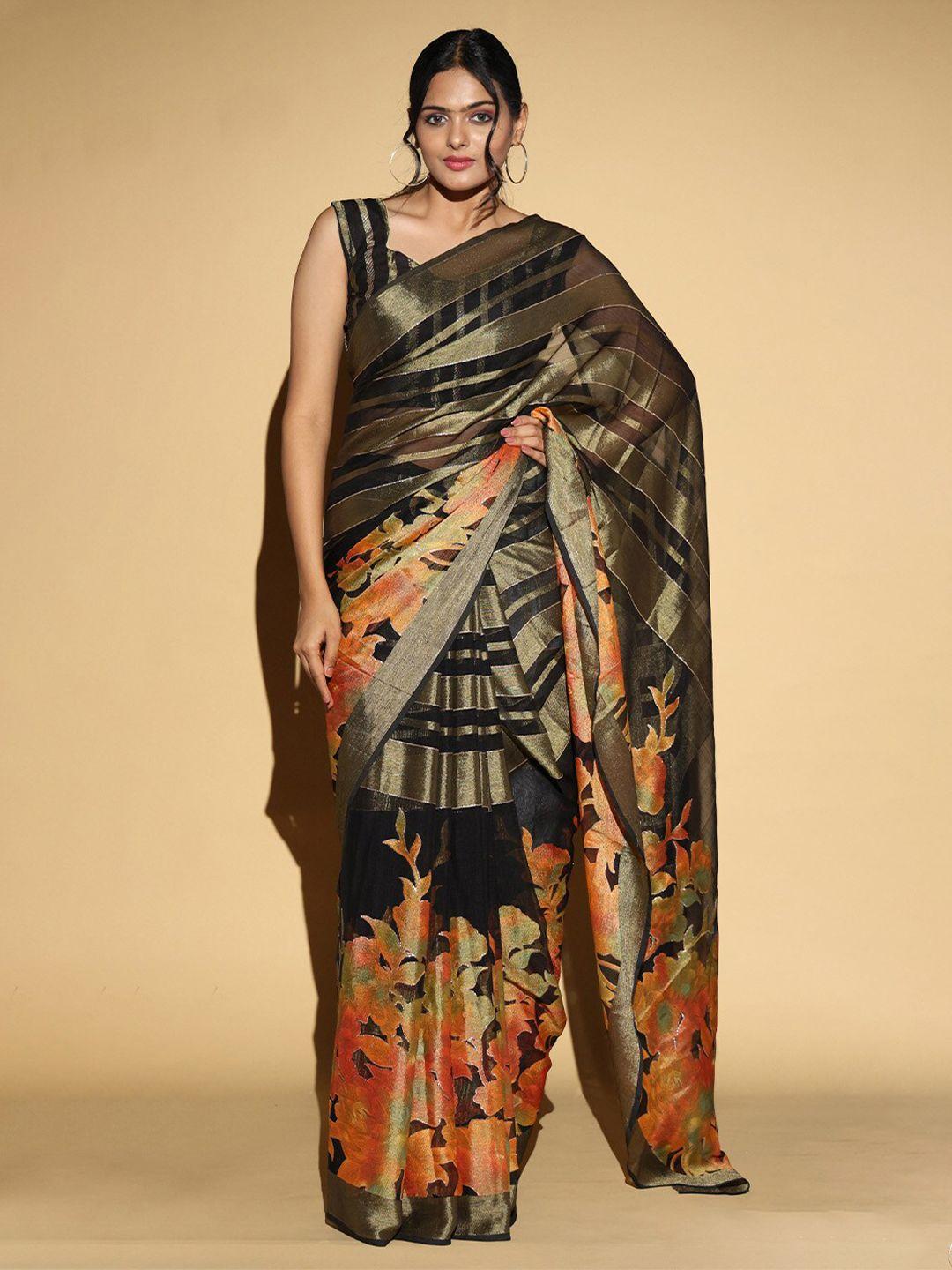 vastranand black & orange floral zari poly georgette saree