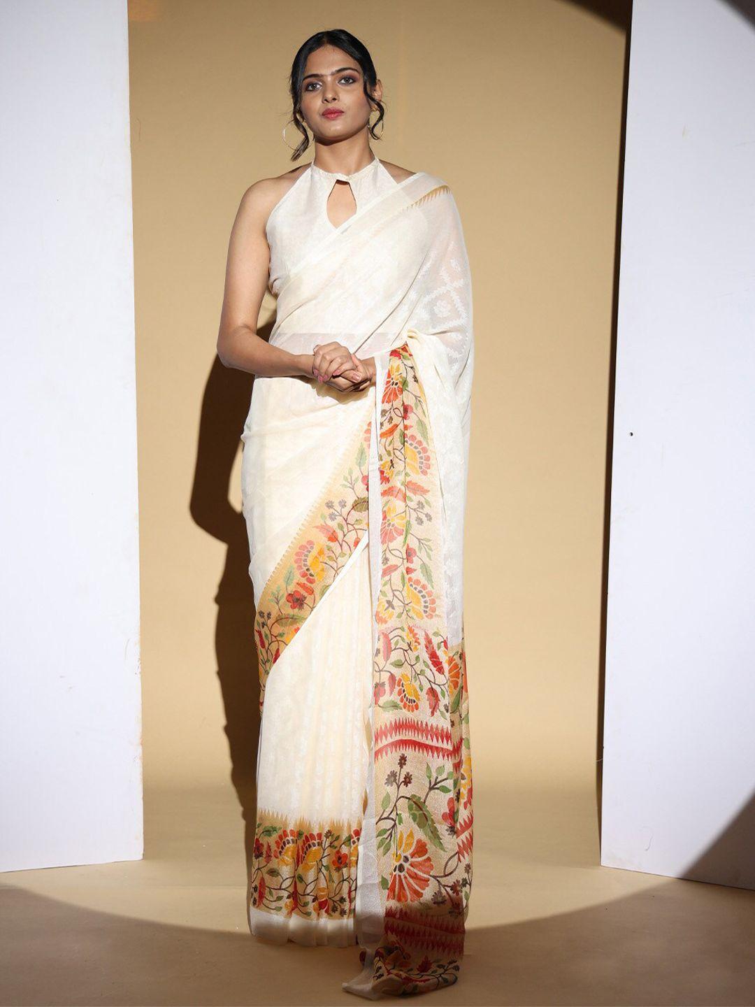 vastranand yellow & red floral satin saree