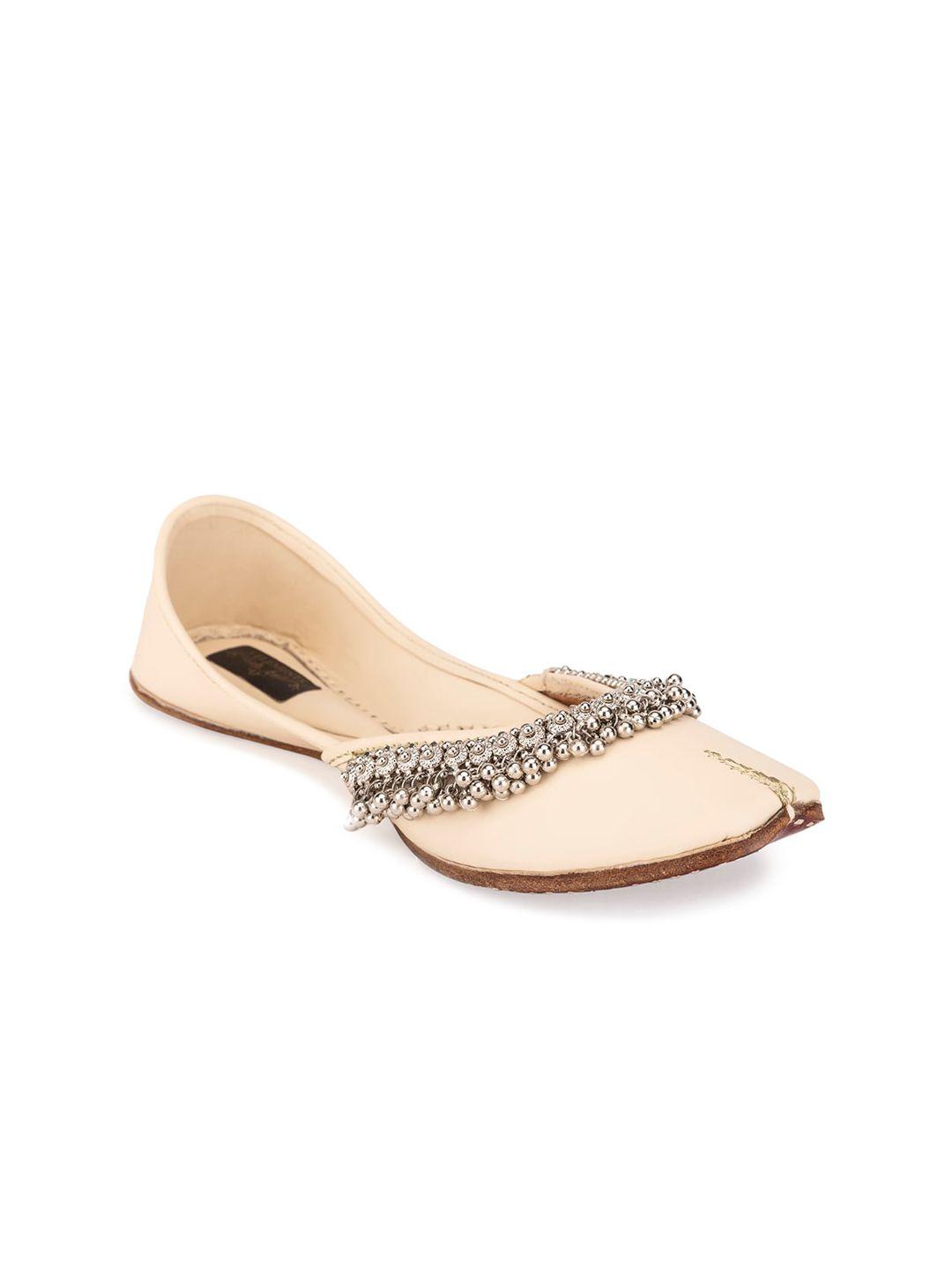 5 elements women white embellished mojaris flats