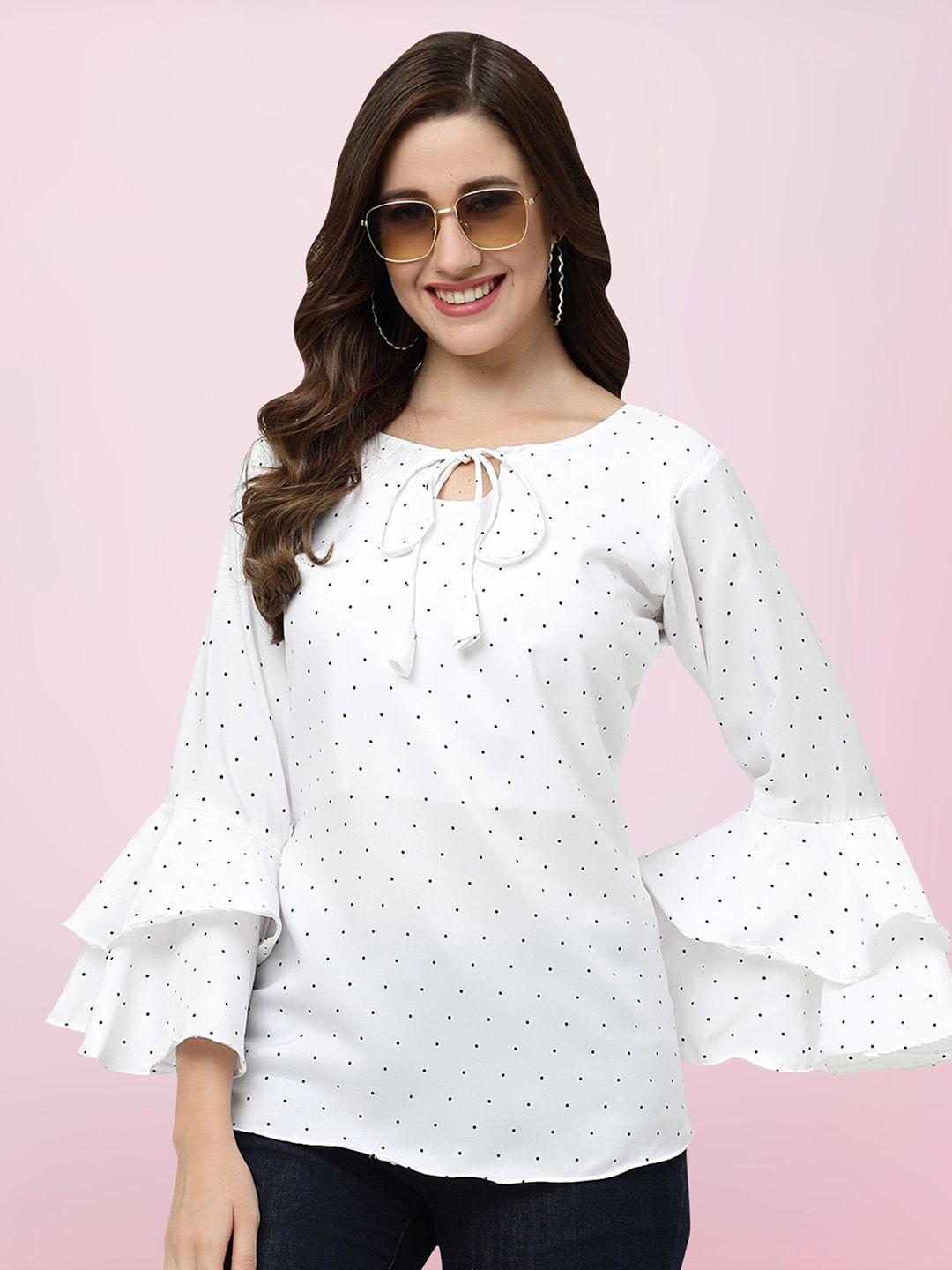 baesd polka dot printed tie-up neck bell sleeves crepe top