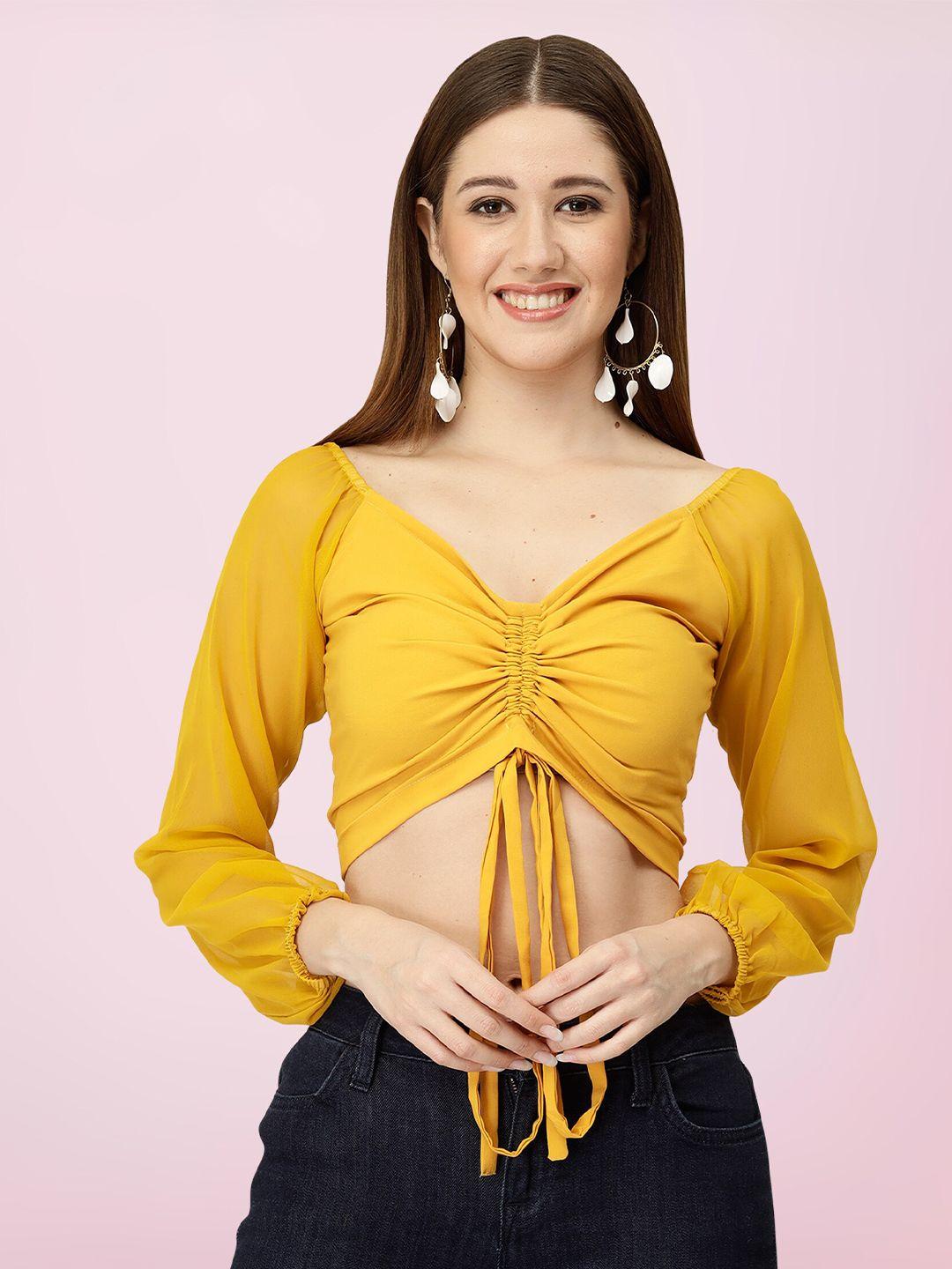 baesd yellow puff sleeve georgette crop top