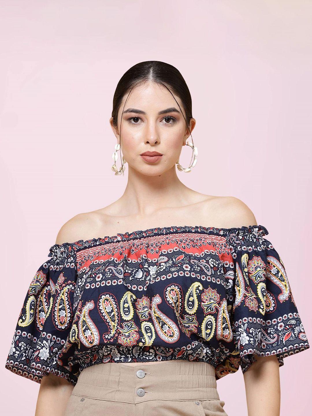 baesd multicoloured print off-shoulder flared sleeve crepe bardot top