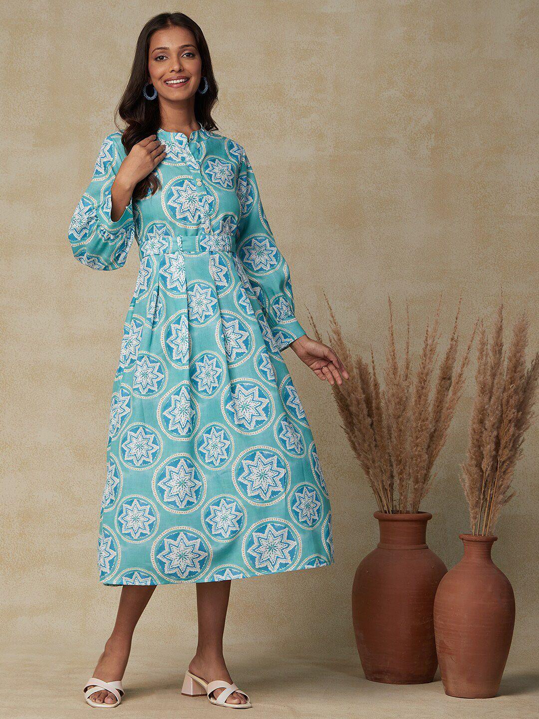 fashor sea green ethnic motifs print bell sleeve a-line midi dress