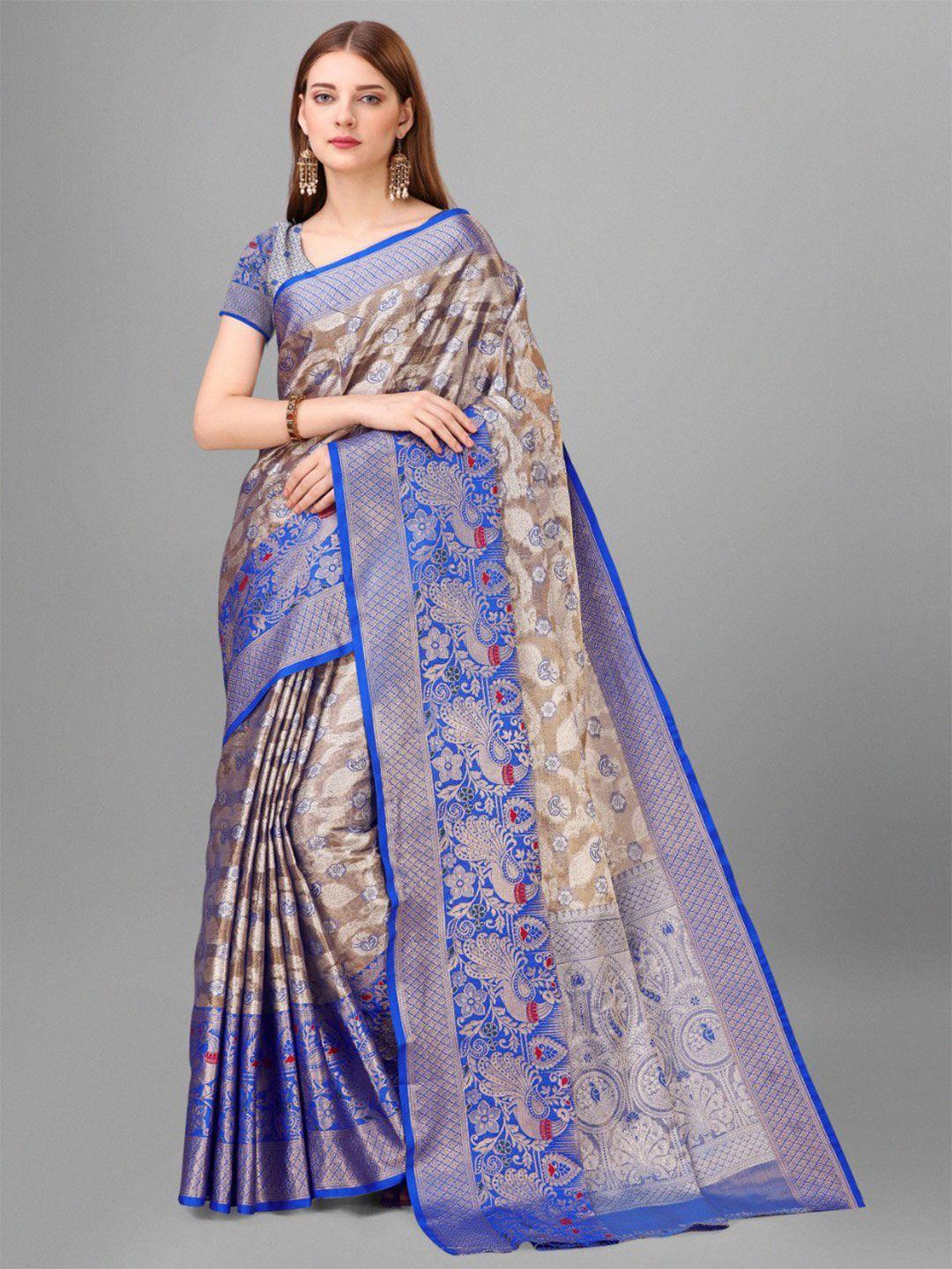 veerax brown & blue woven design zari pure silk banarasi saree