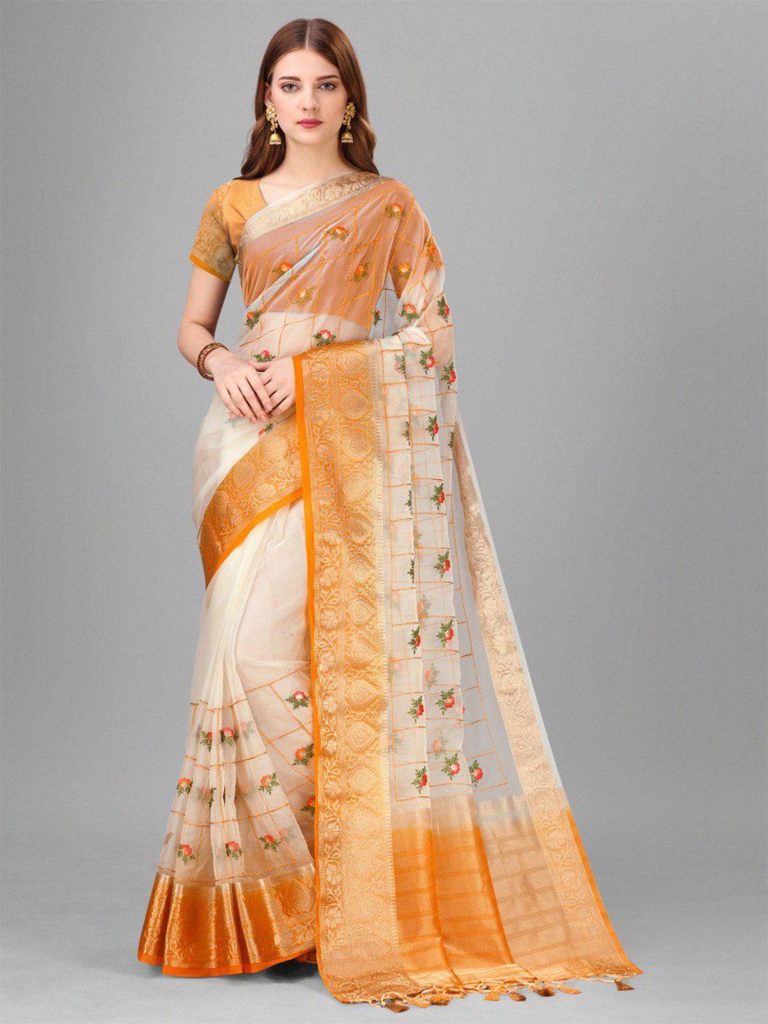 veerax orange & gold-toned floral zari pure silk banarasi saree