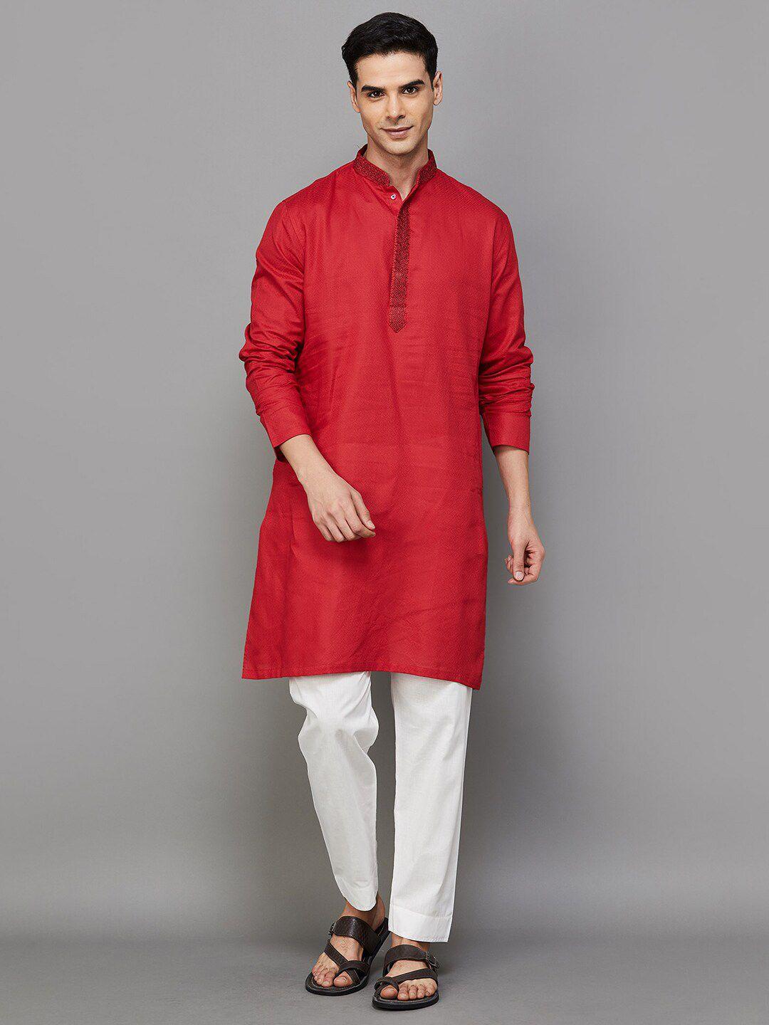 melange by lifestyle mandarin collar thread work pure cotton kurta with trouser