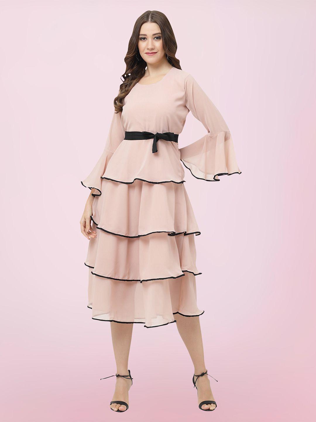 baesd pink bell sleeve georgette fit & flare midi dress