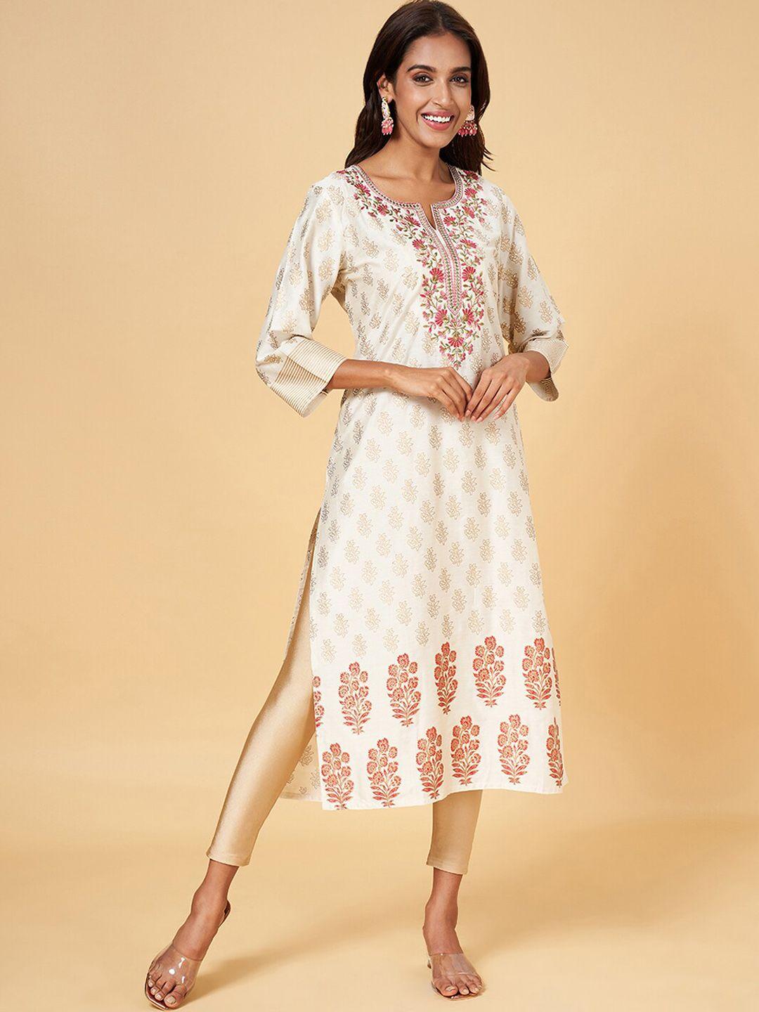 rangmanch by pantaloons women beige ethnic motifs embroidered thread work kurta