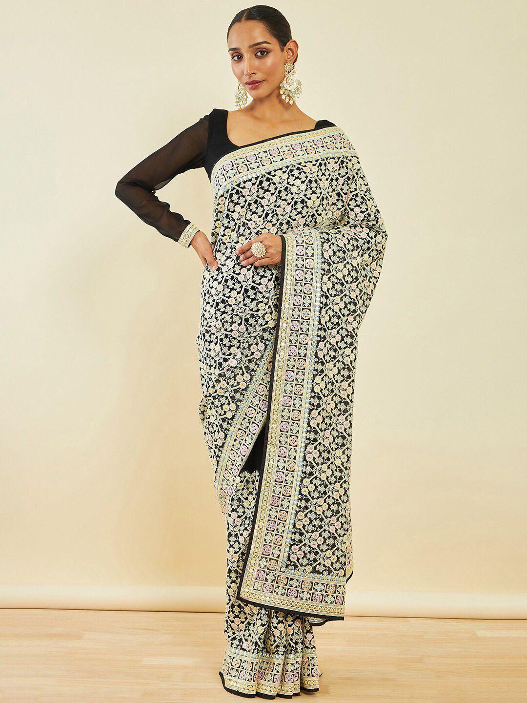 soch black & white floral embroidered saree