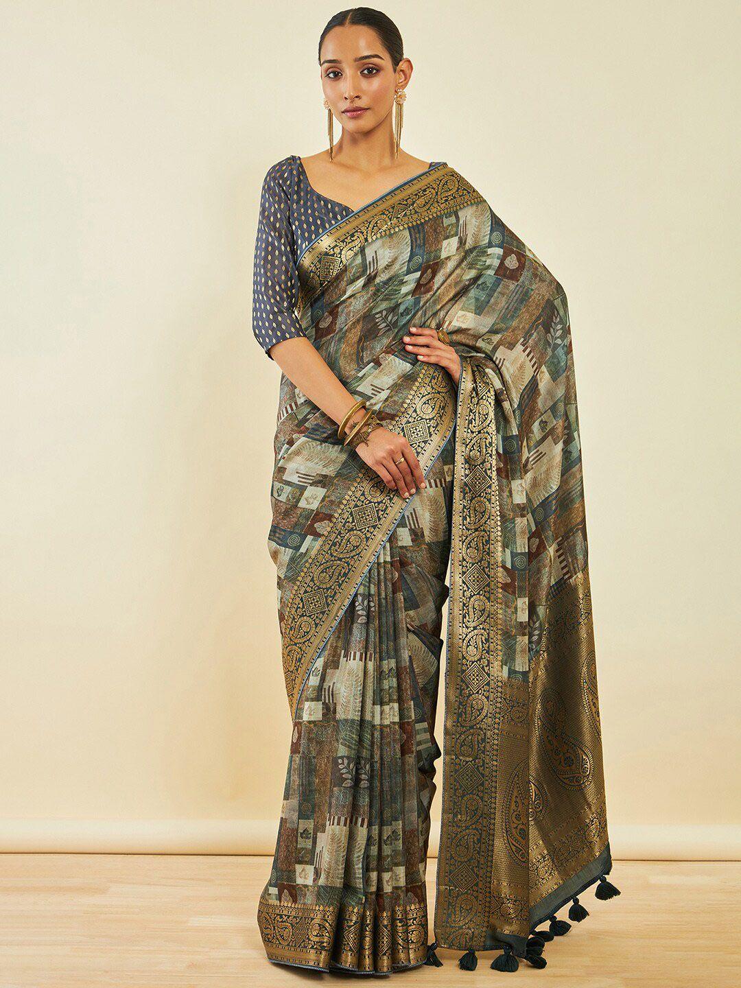 soch teal & blue zari poly crepe saree