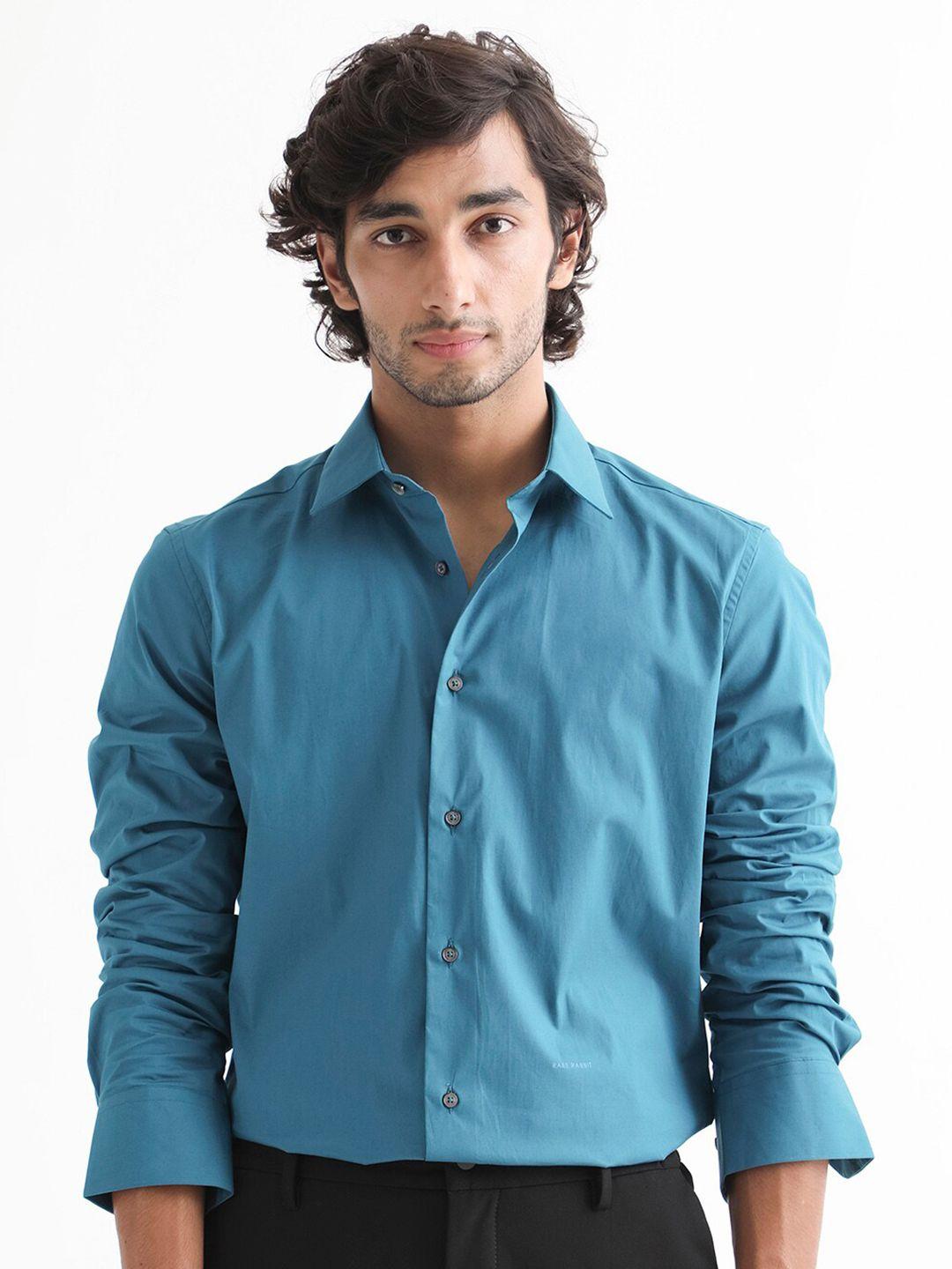 rare rabbit men teal slim fit opaque casual shirt