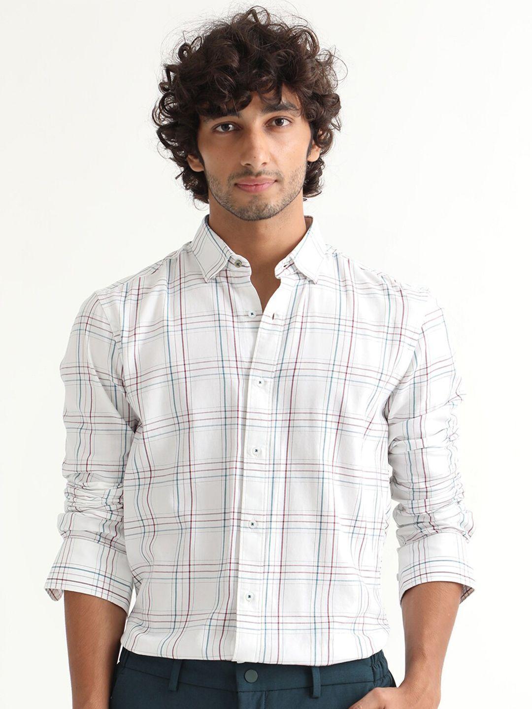 rare rabbit men white slim fit opaque checked casual shirt