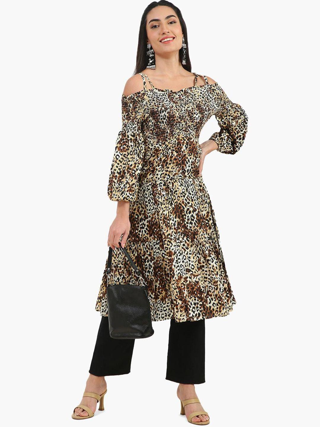 virgio animal printed off shoulder smocked empire kurta