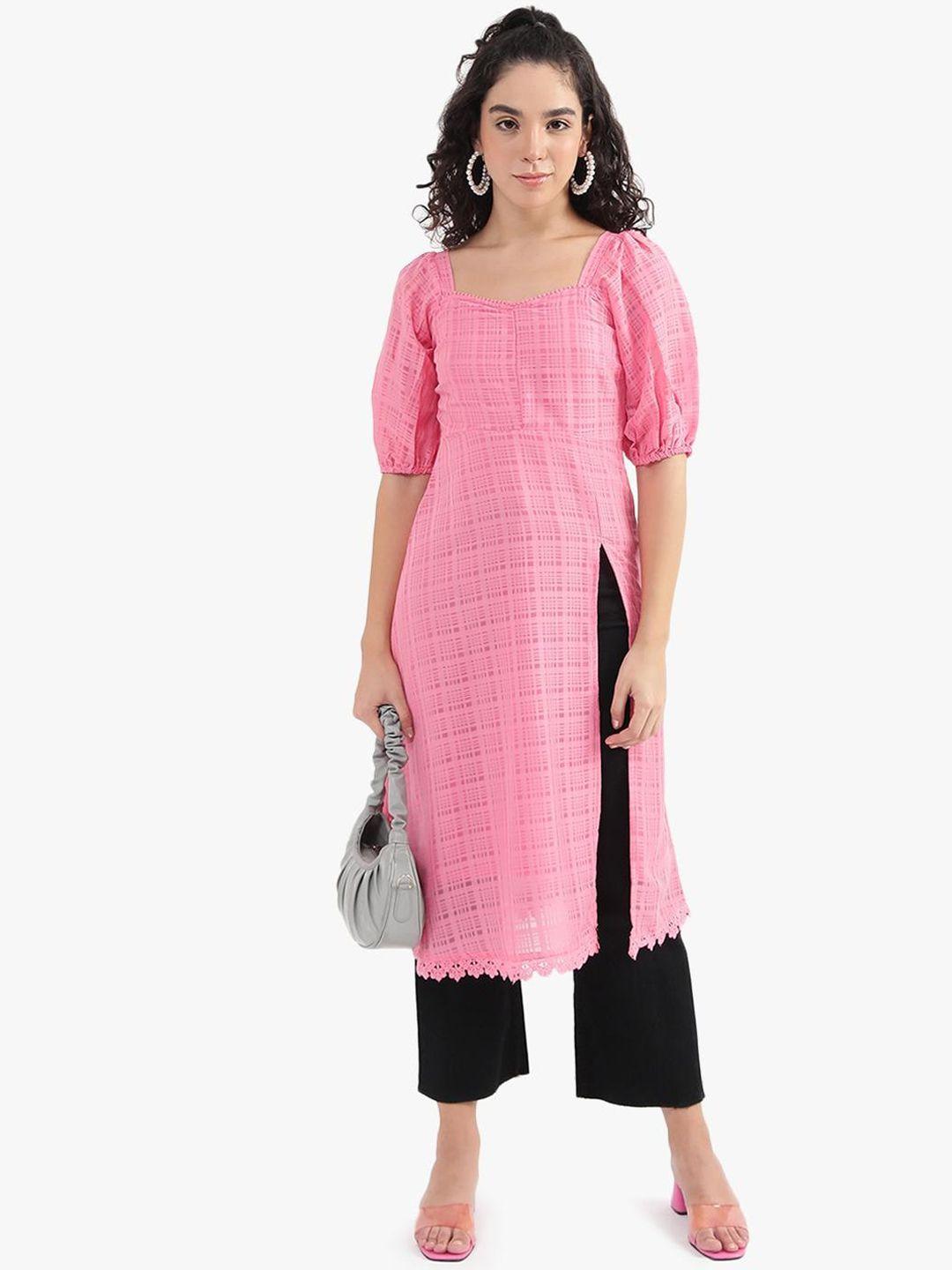 virgio checked sweetheart neck puff sleeve a-line kurta