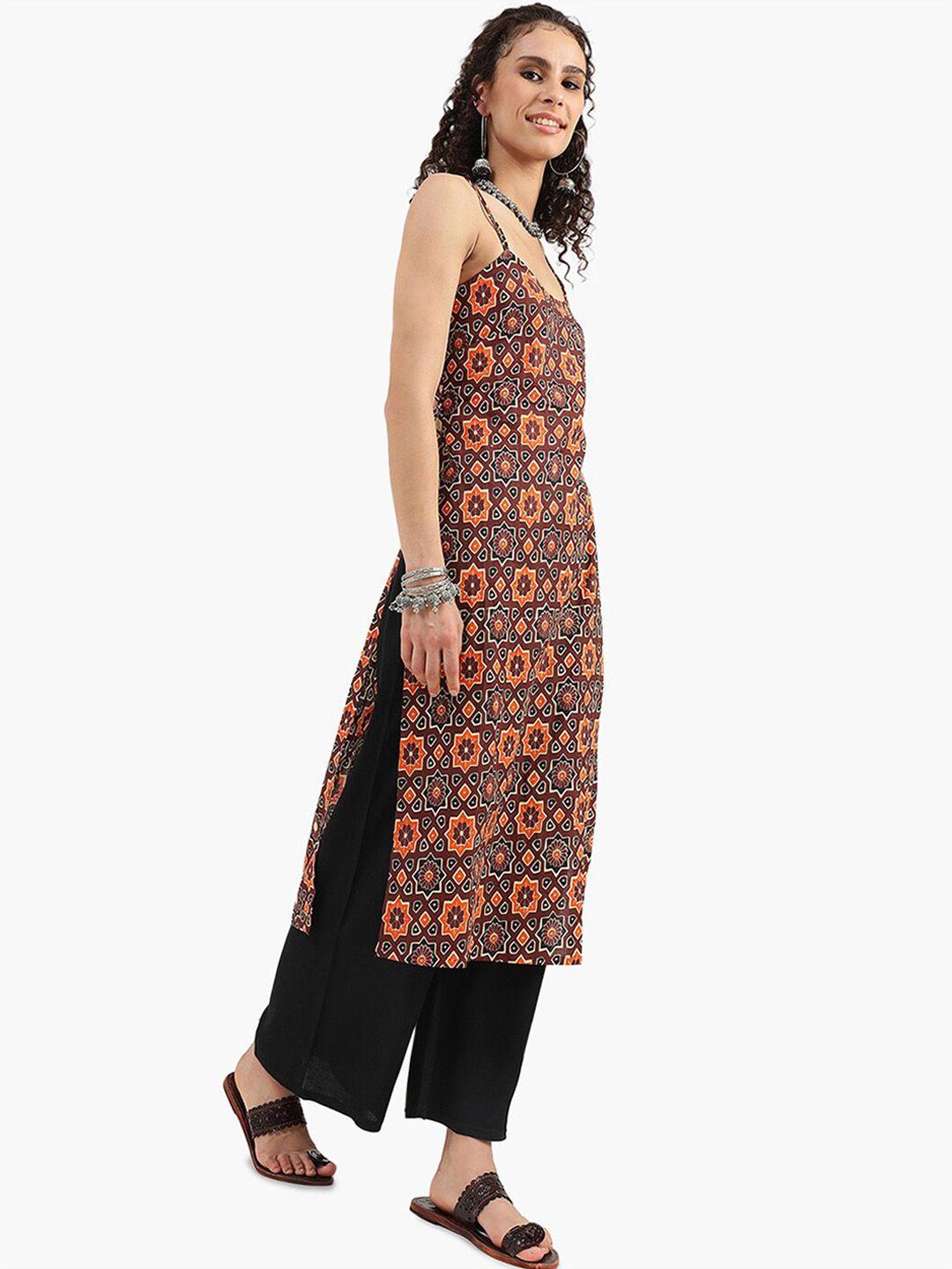 virgio geometric printed shoulder straps pure cotton straight kurta