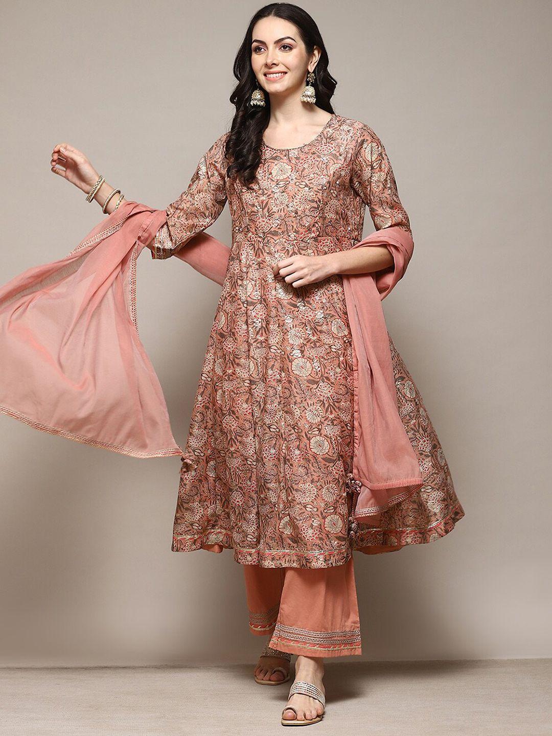 biba floral printed round neck sequinned anarkali kurta with palazzos and dupatta