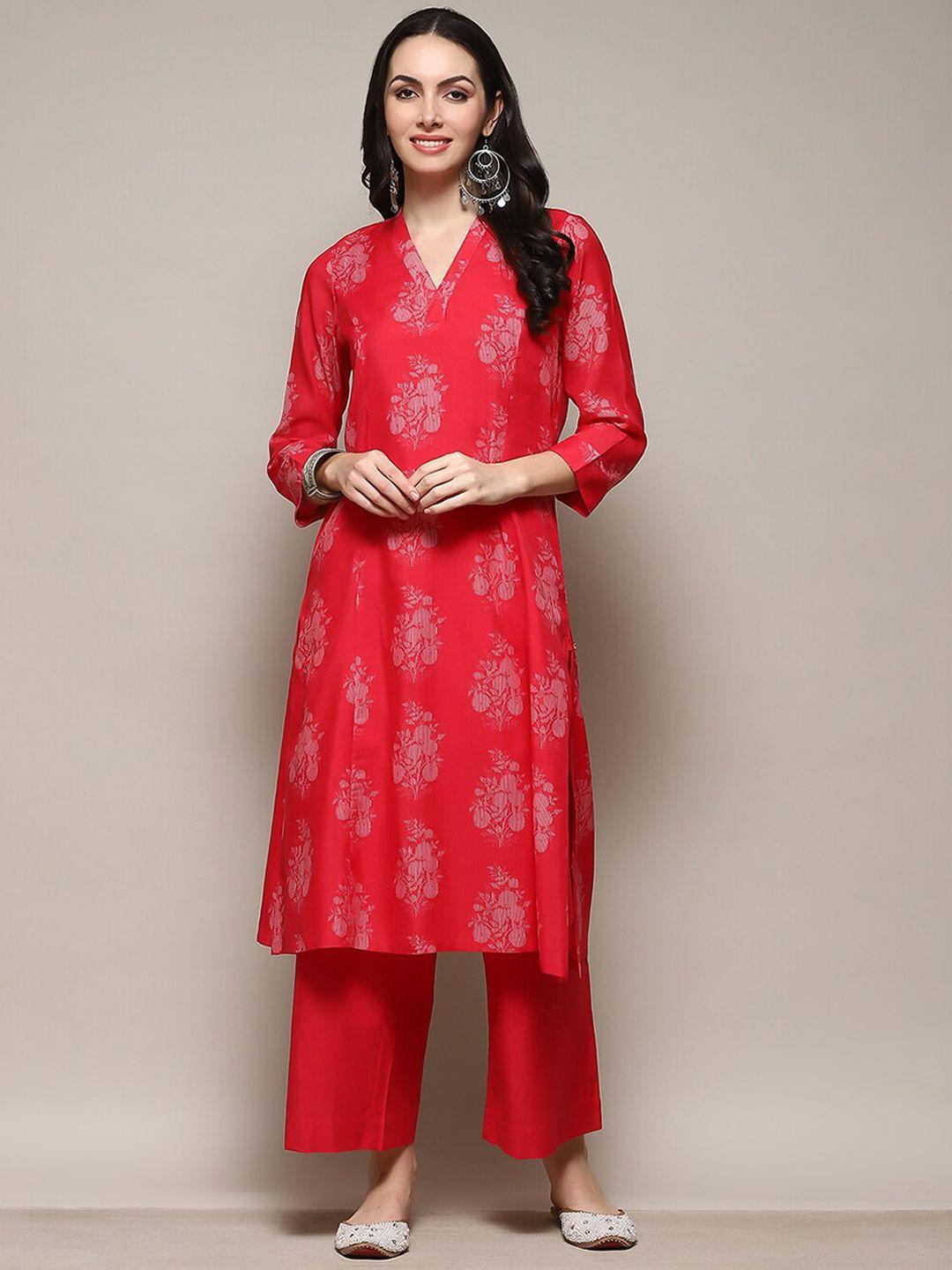 biba ethnic motifs printed v-neck panelled a-line kurta with palazzos