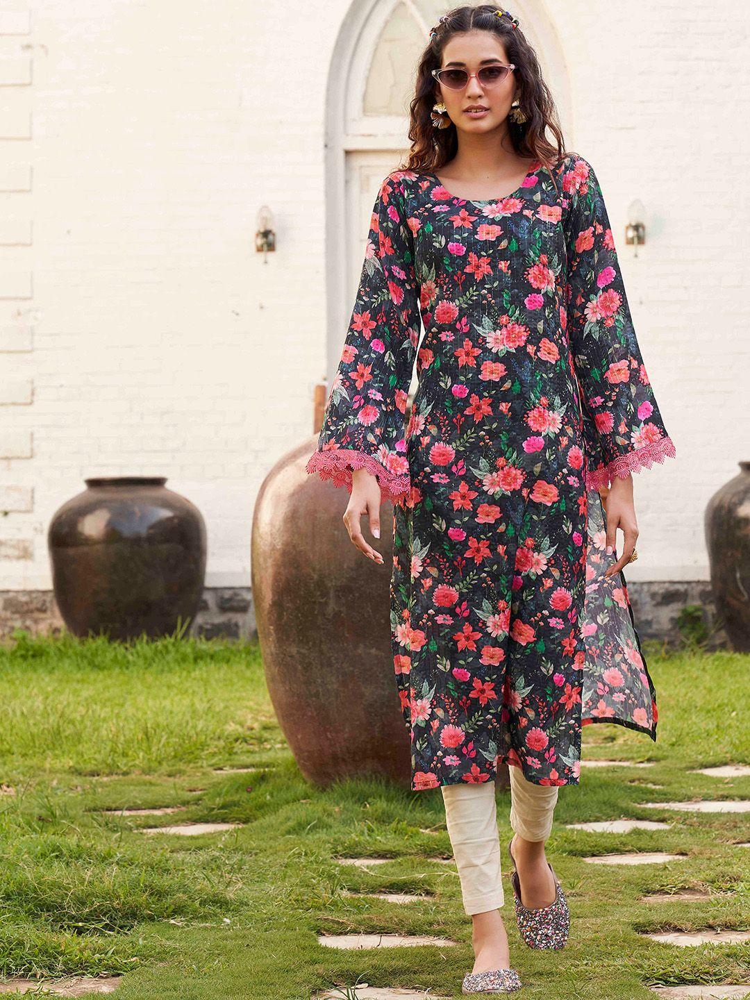 tikhi imli women black floral flared sleeves floral kurta