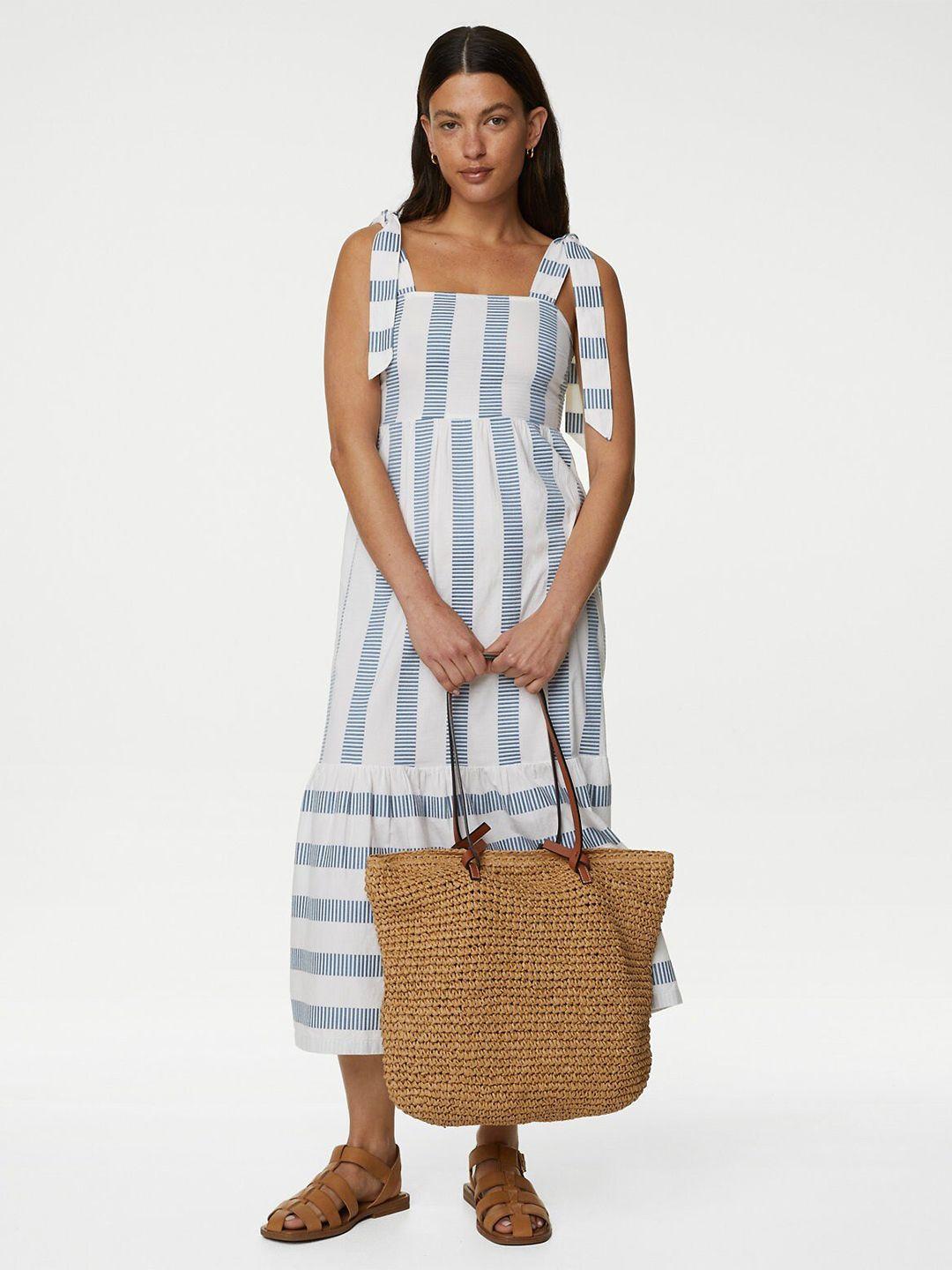 marks & spencer striped shoulder strap tie-ups cotton a-line midi dress