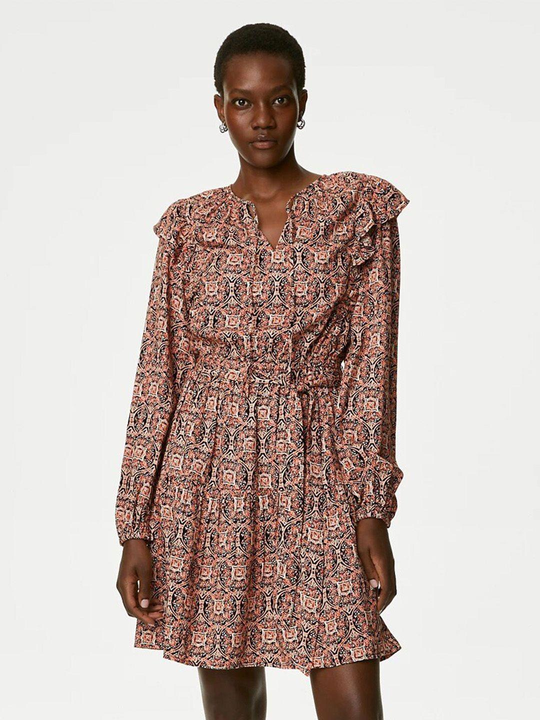 marks & spencer ethnic motifs printed tie-ups neck smocked cotton fit & flare dress