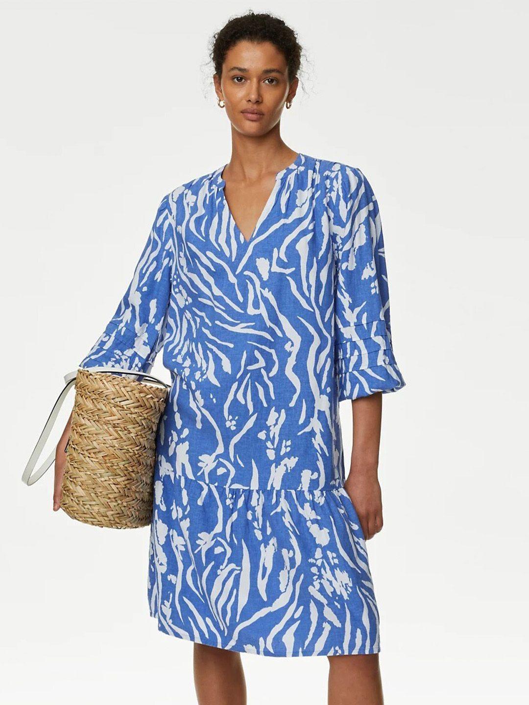 marks & spencer abstract printed mandarin collar gathered a-line dress