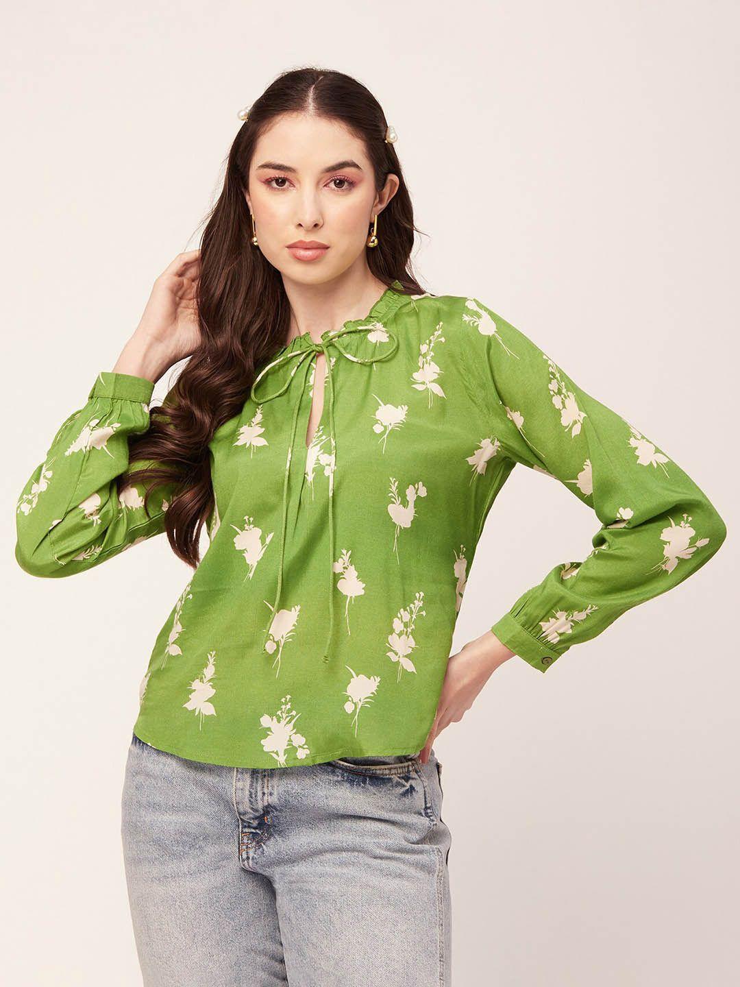 moomaya green floral print tie-up neck top