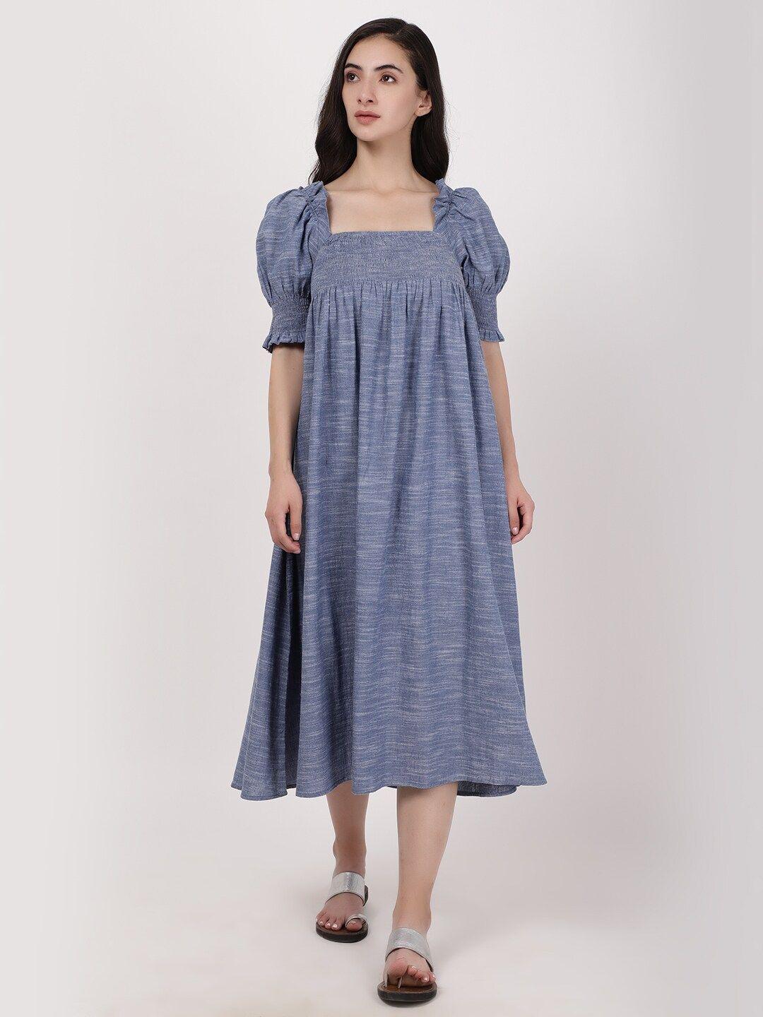 a little fable striped square neck puff sleeve a-line midi dress