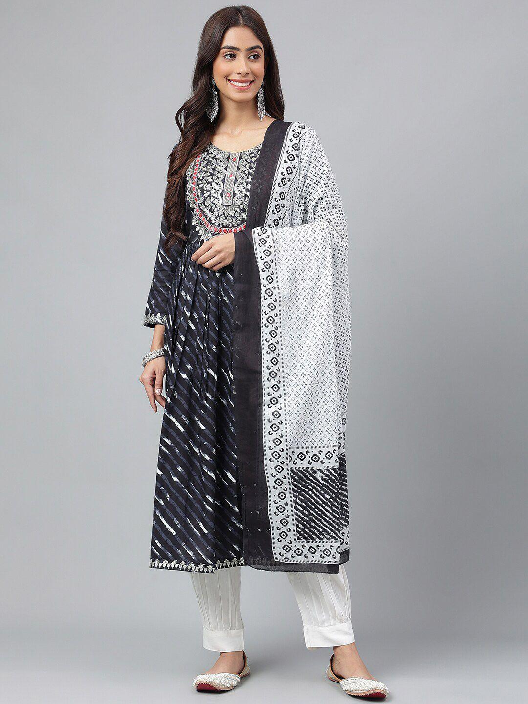 misbis leheriya printed pleated thread work straight kurta with salwar & dupatta