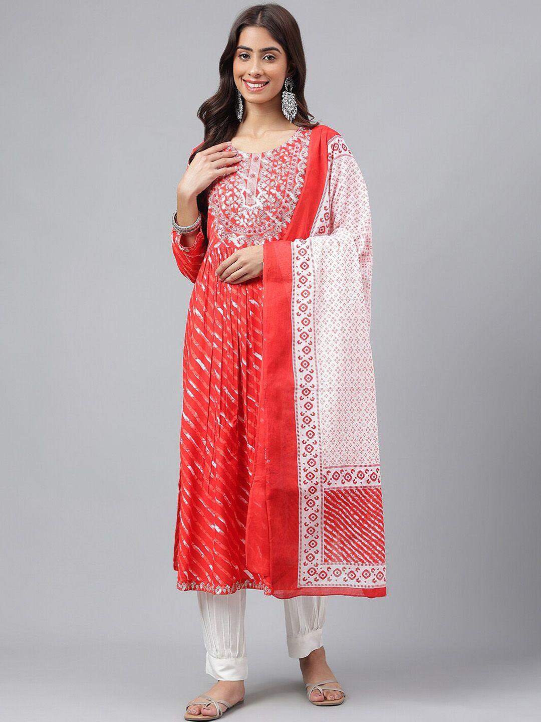 misbis leheriya printed pleated thread work straight kurta with salwar & dupatta