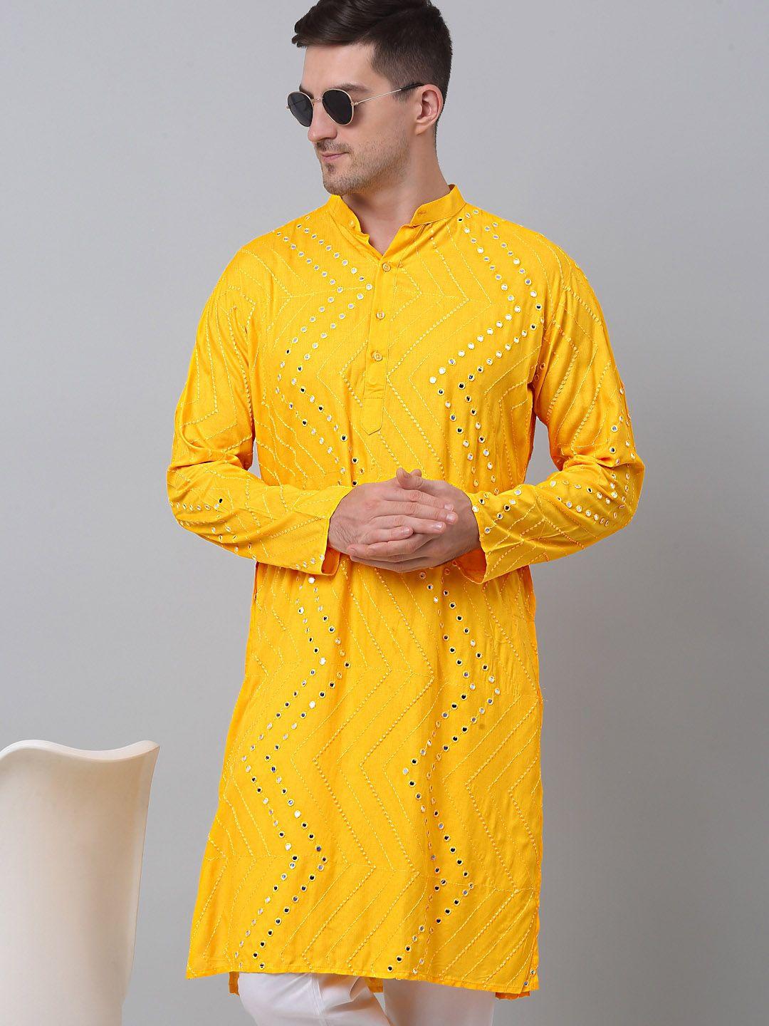 jompers men yellow embroidered thread work kurta