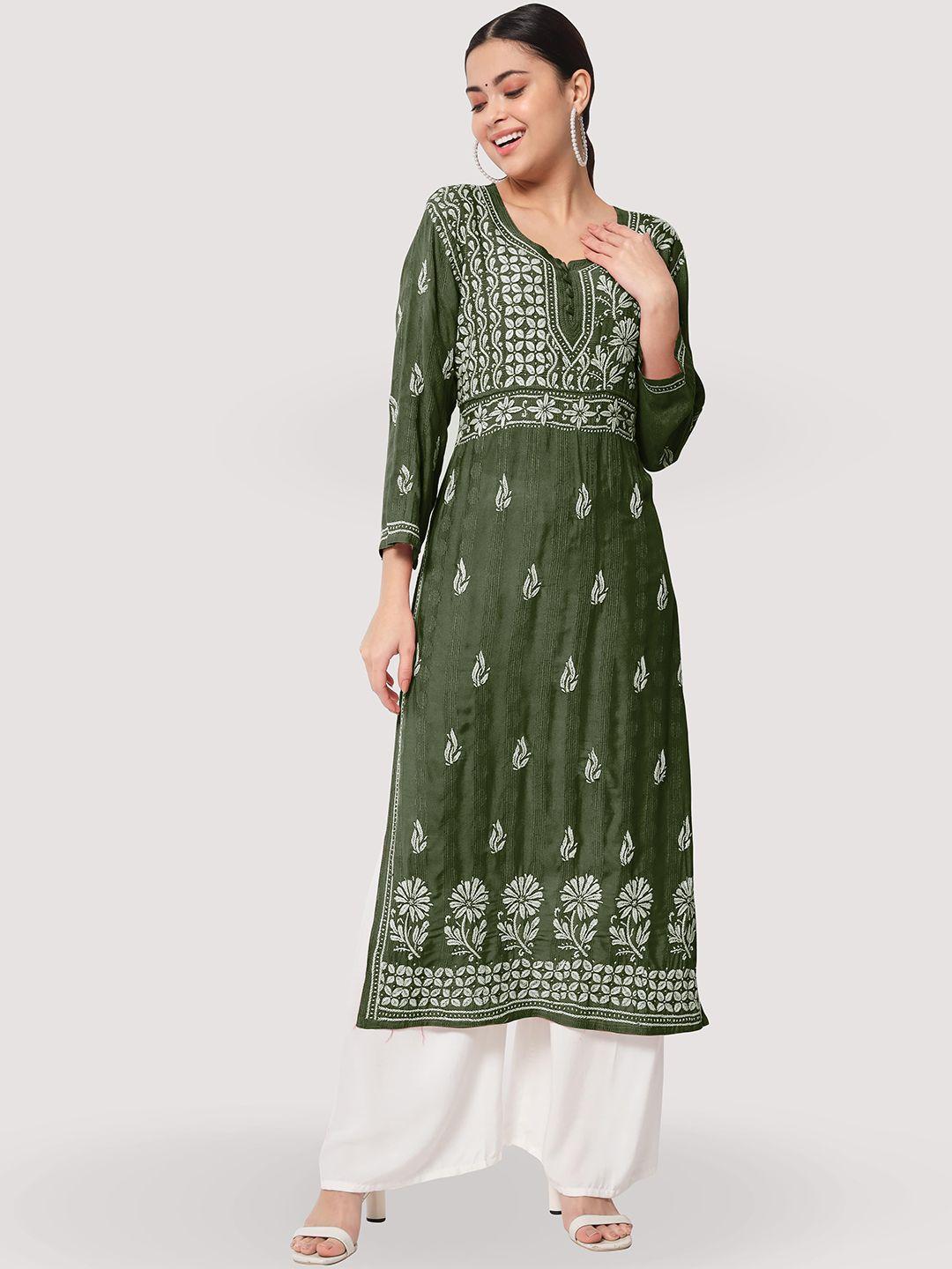 ethnava floral embroidered chikankari cotton straight kurta