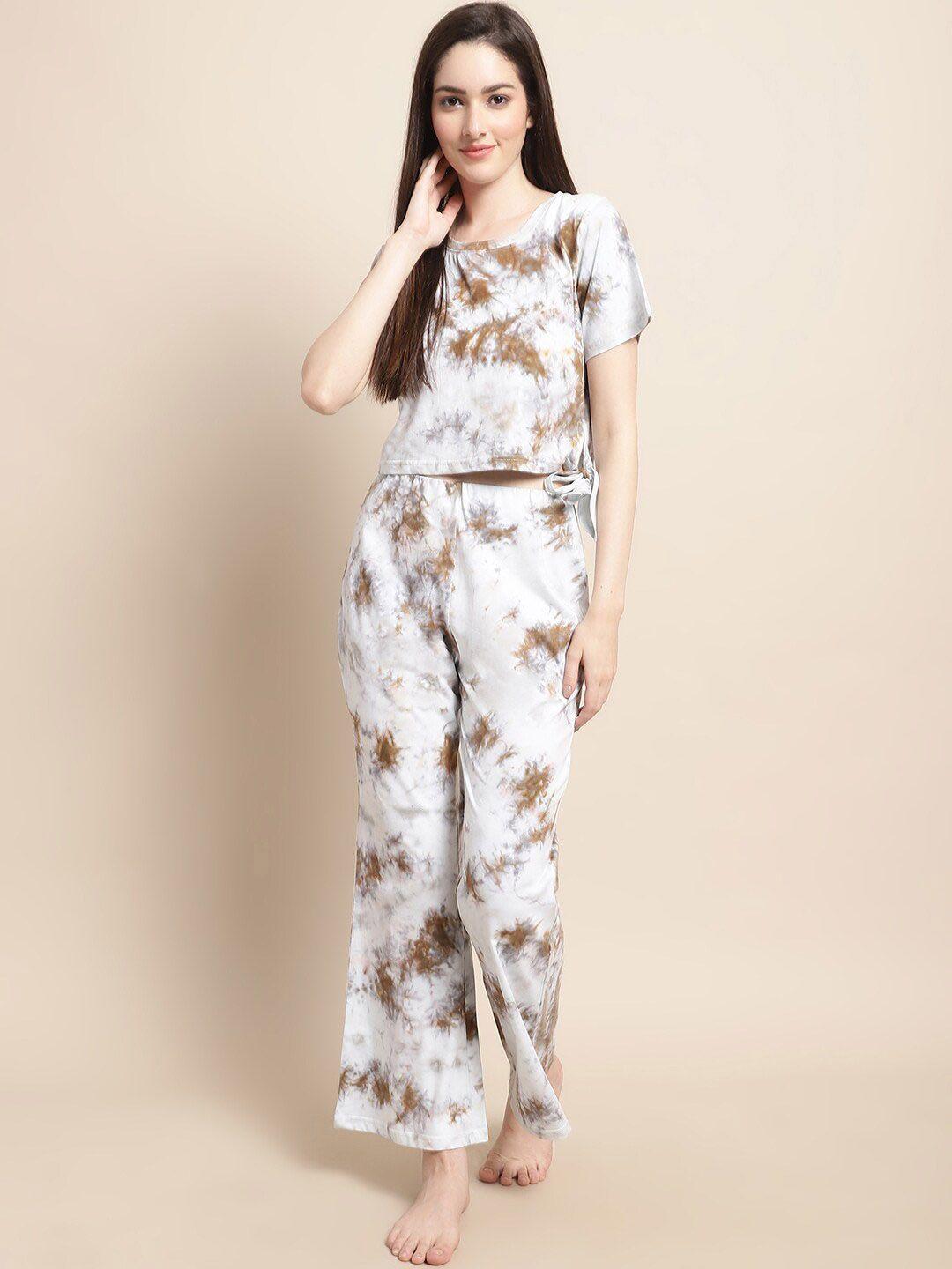 claura women off white & brown printed night suit