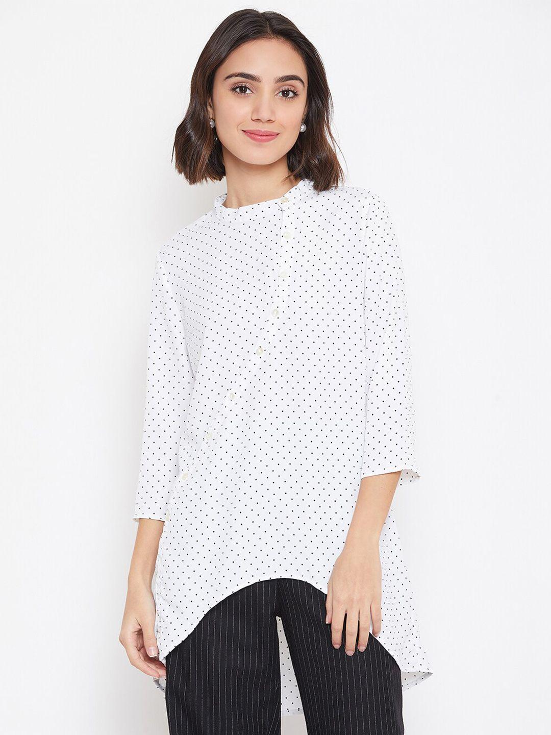 baesd white geometric print mandarin collar crepe high-low longline top