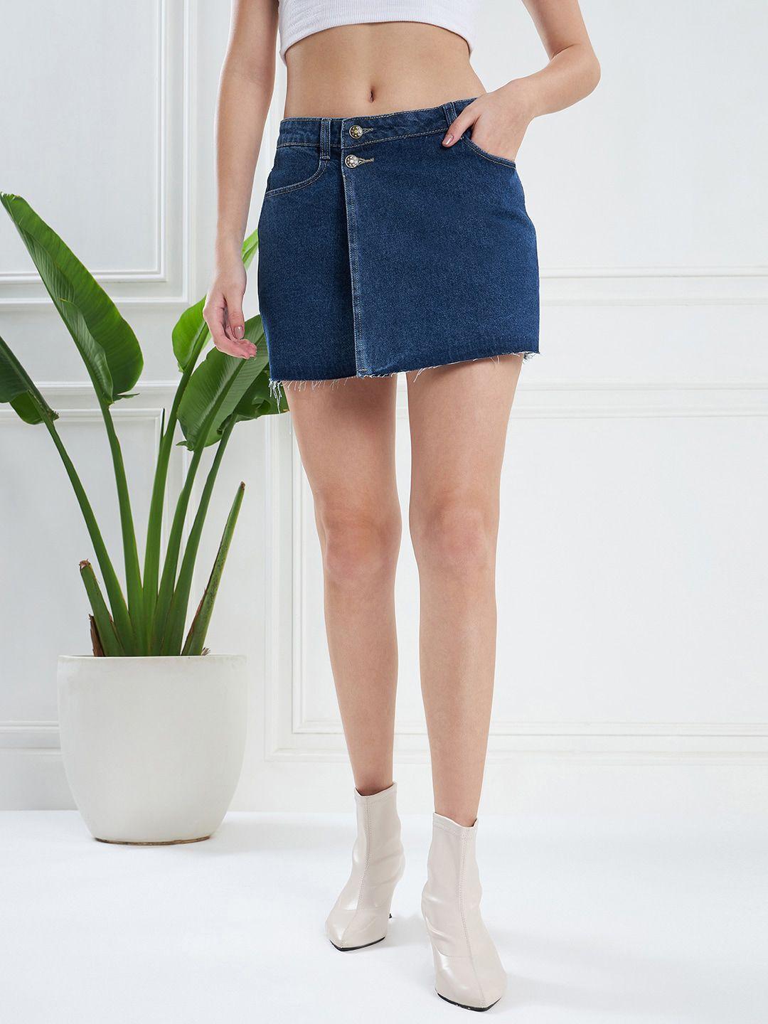 kassually women blue pure cotton denim mini skirt