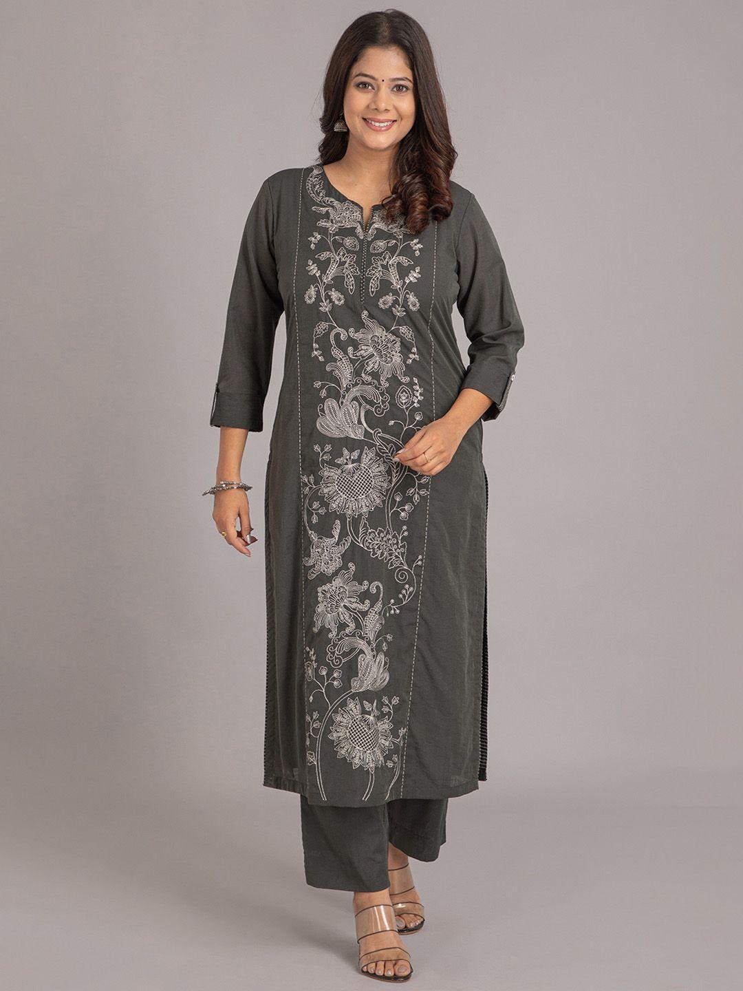 suti floral embroidered round neck pure cotton straight kurta with trousers