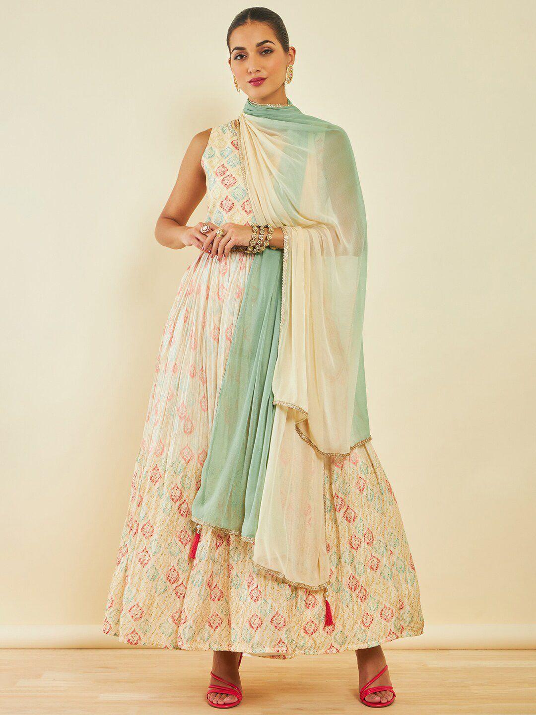 soch off white ethnic motifs printed mirror work anarkali kurta with churidar & dupatta