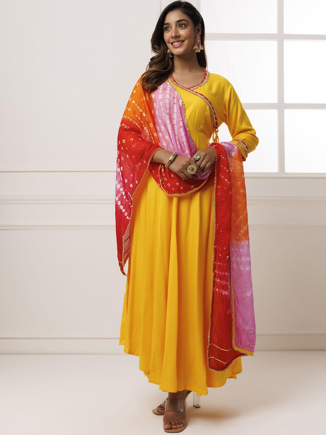 geroo jaipur women yellow yoke design angrakha gotta patti kurta with palazzos & with dupatta