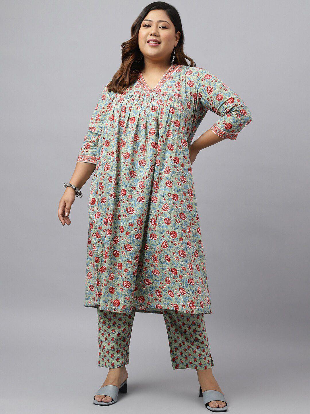 xl love by janasya plus size floral printed pleated a-line pure cotton kurta with trousers