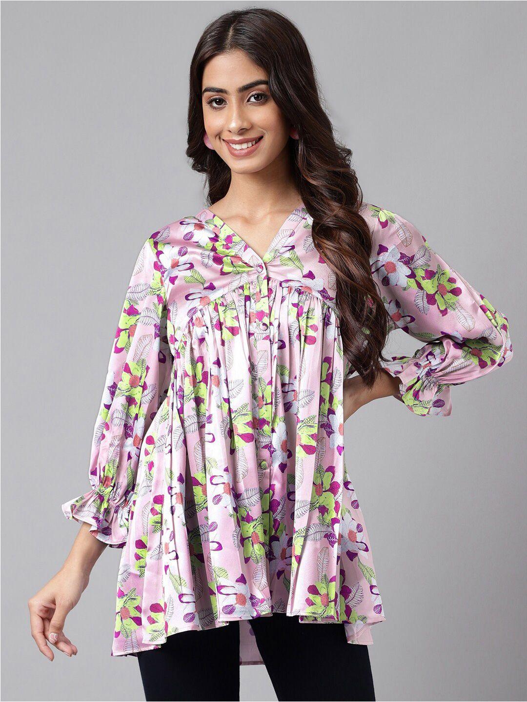 janasya lavender floral print puff sleeve satin tiered top