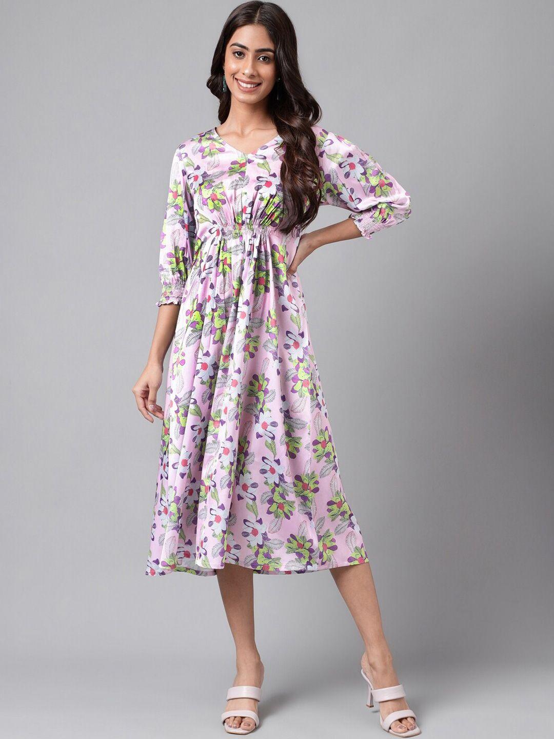 janasya floral printed puff sleeves gathered detailed empire midi dress