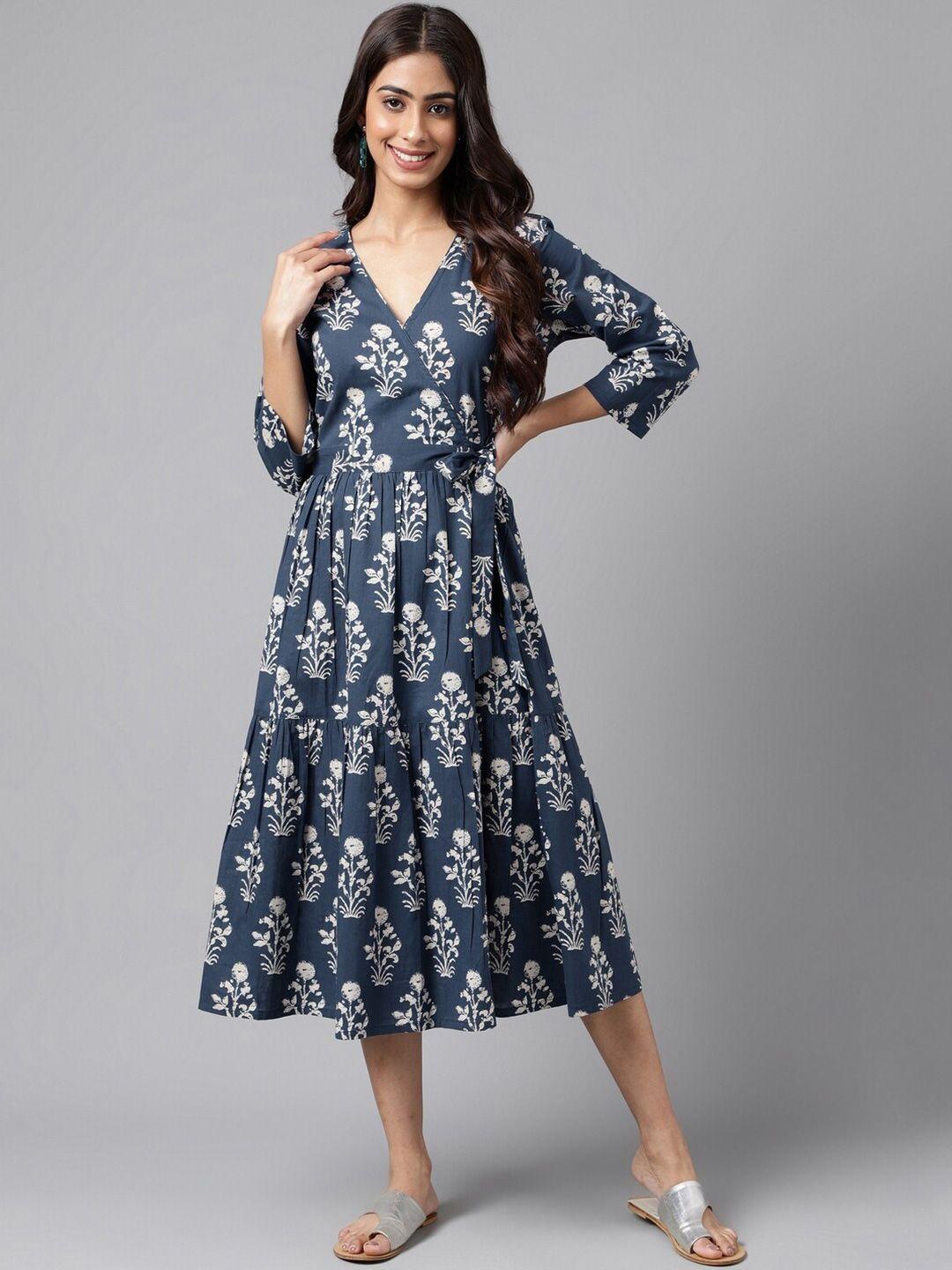 janasya navy blue floral print midi dress