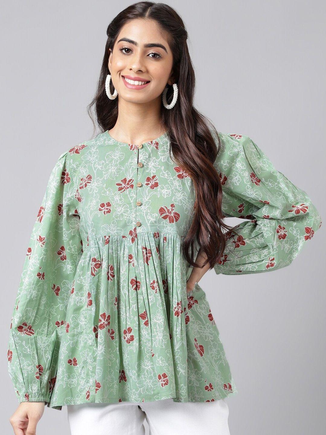 janasya green floral print puff sleeve cotton peplum top