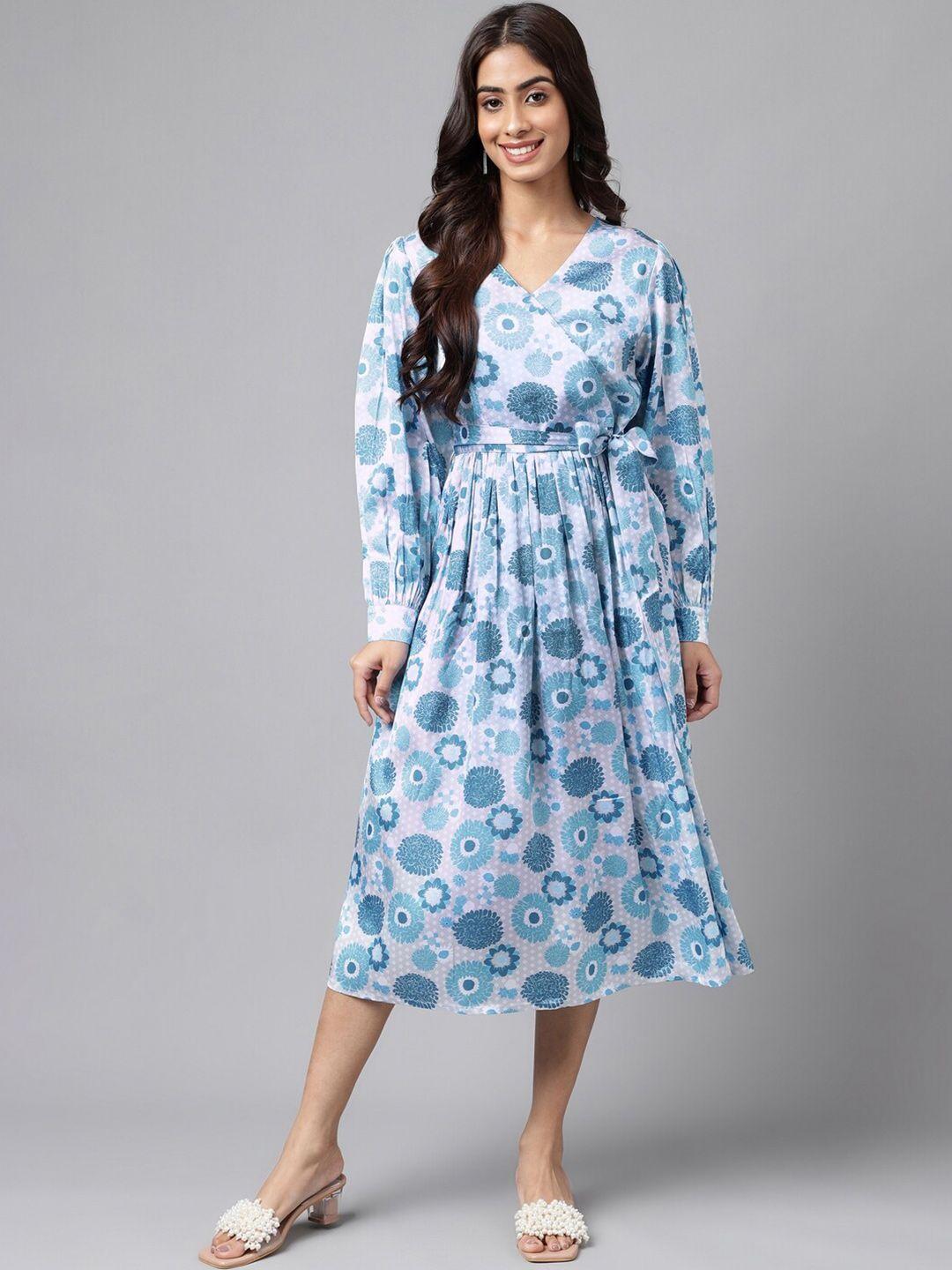 janasya floral printed cuffed sleeve fit & flare midi dress