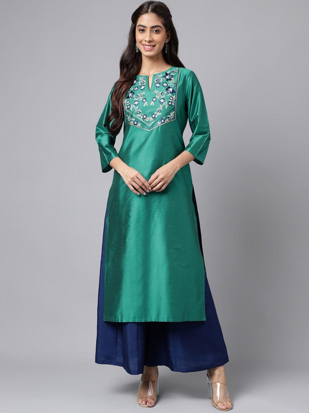 janasya green round neck thread work detail straight kurta